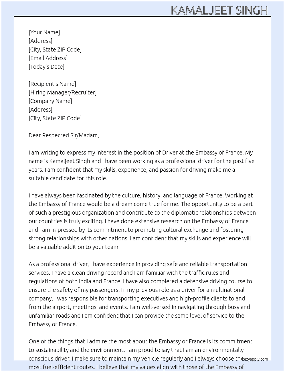 Driver At Embassy of France  Cover Letter