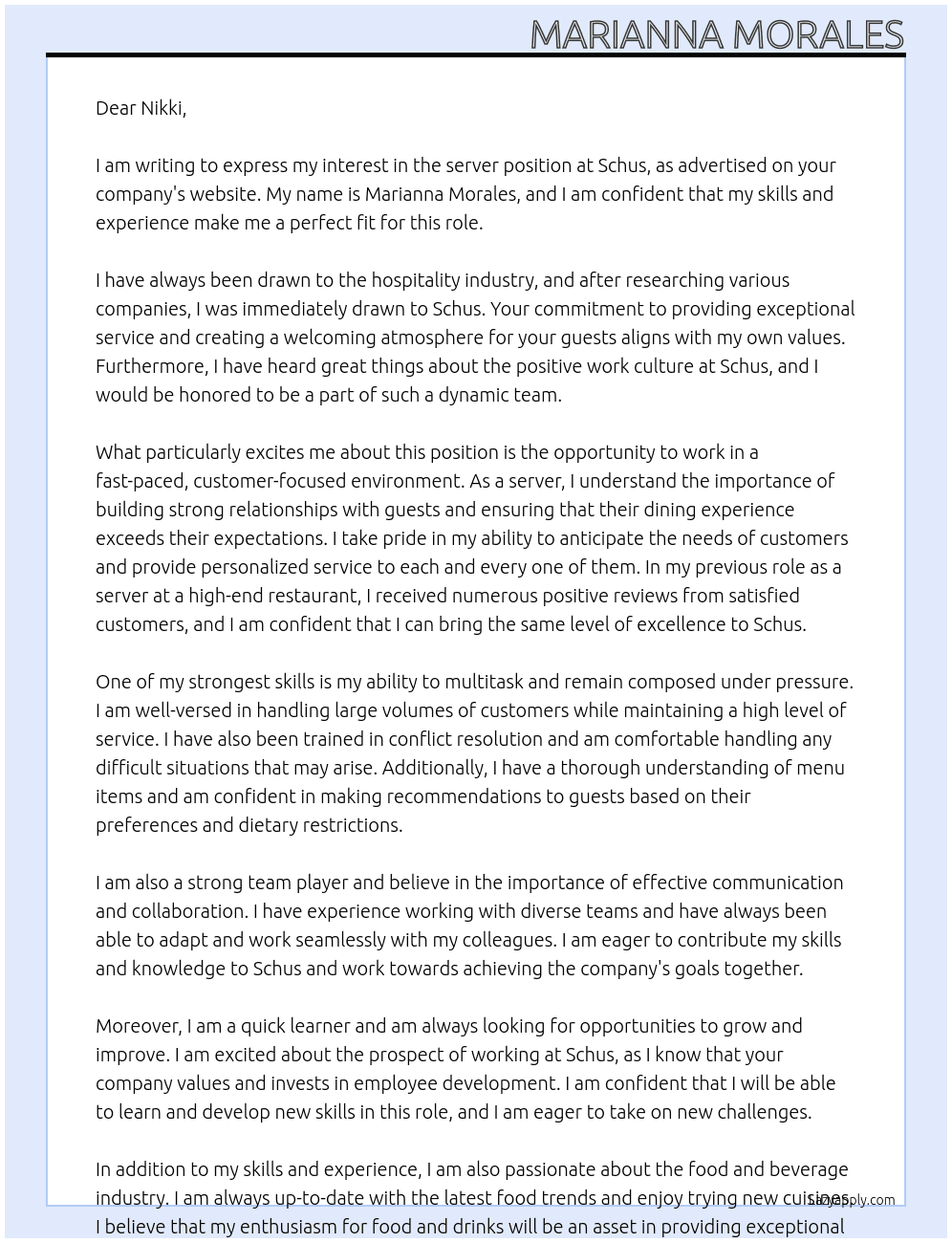 server At schus Cover Letter