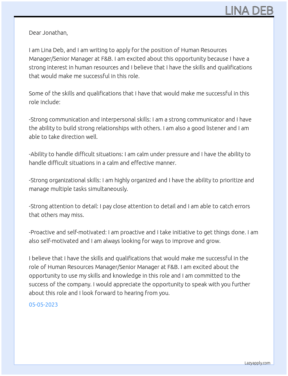 Human Resources Manager/Senior Manager At F&b Cover Letter