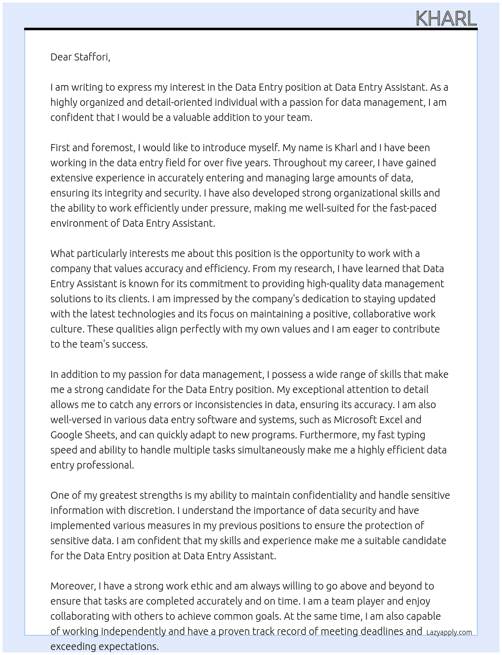 Data Entry At Data Entry Assistant Cover Letter
