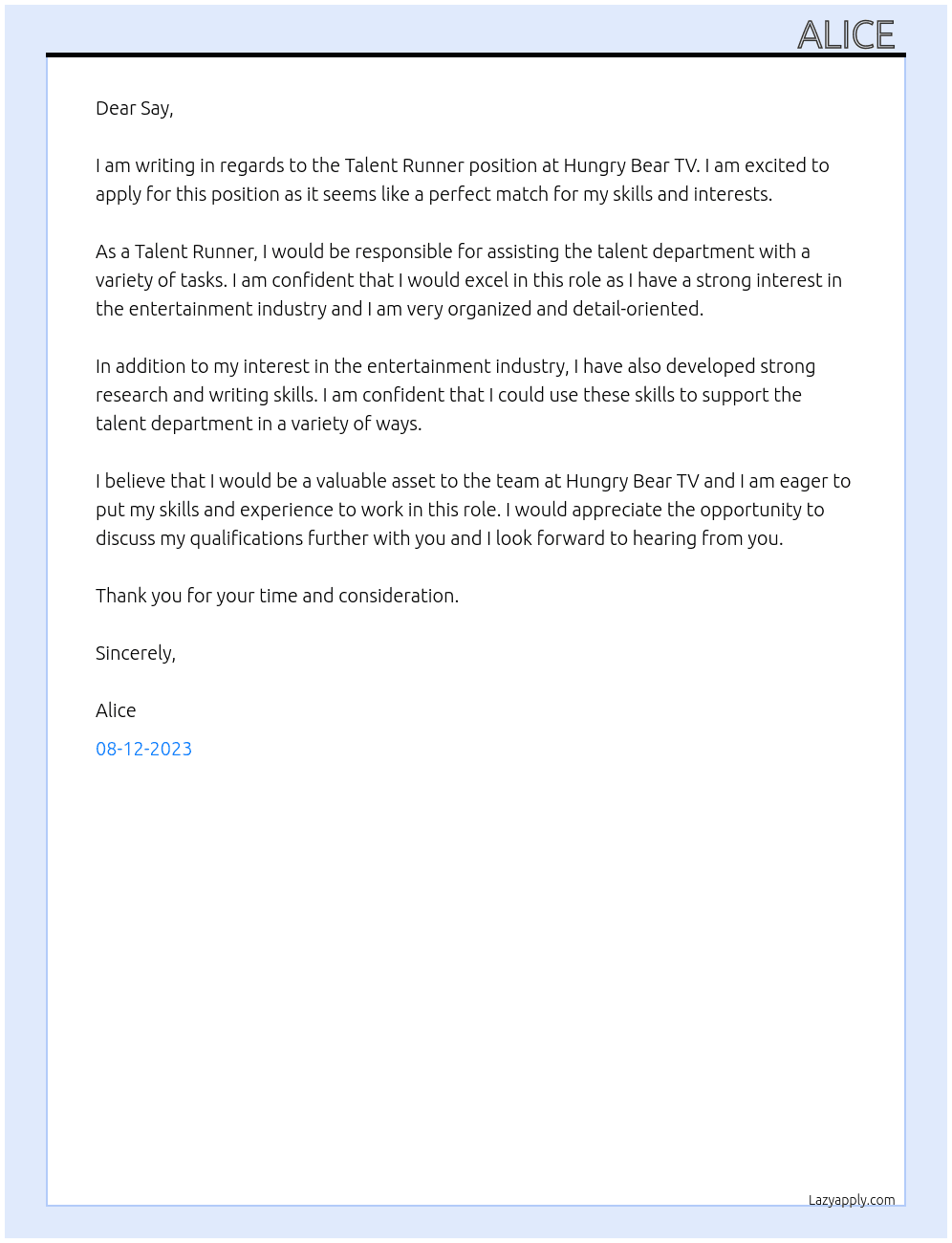Talent Runner  At Hungry bear TV Cover Letter