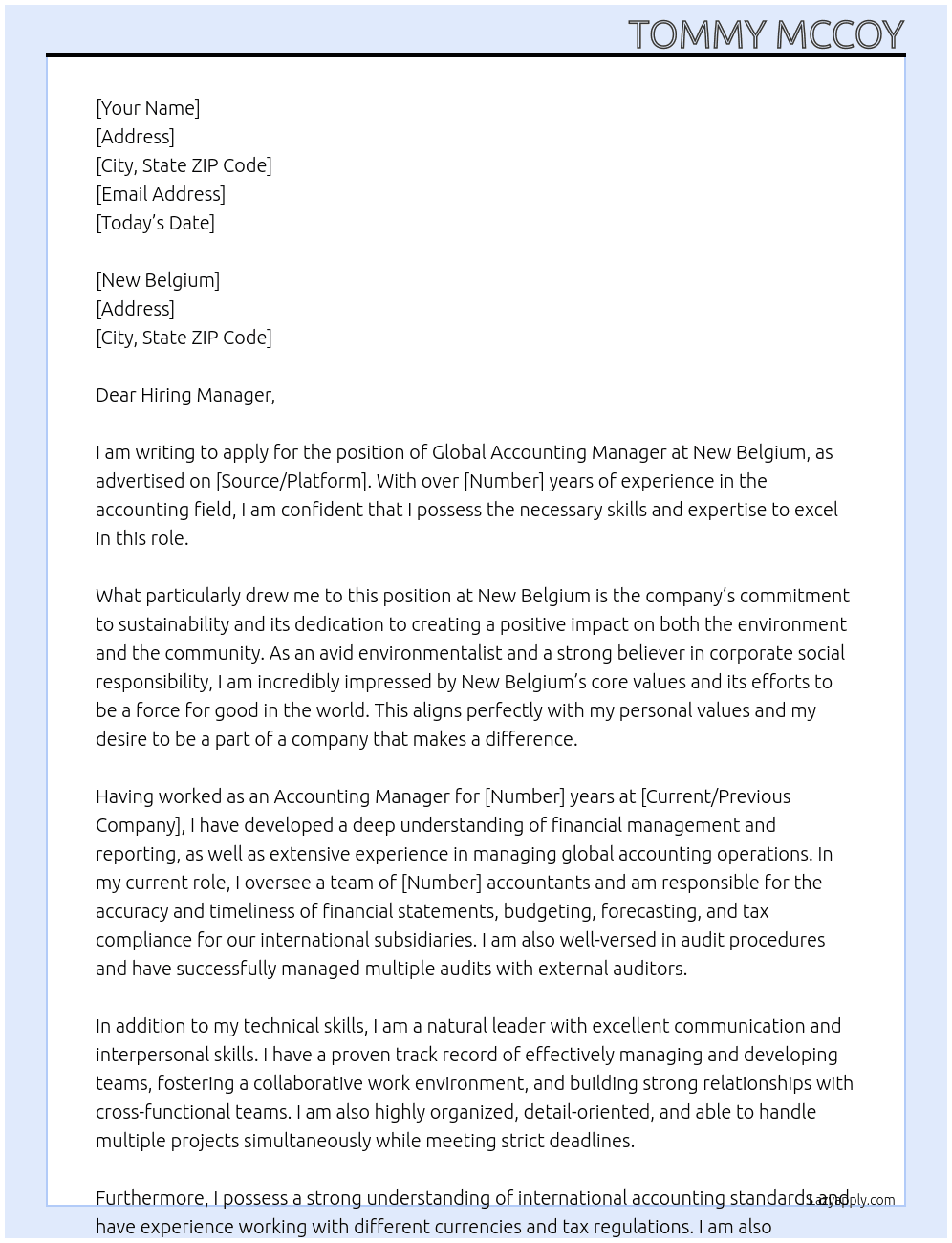 Global Accounting Manager At New Belgium Cover Letter
