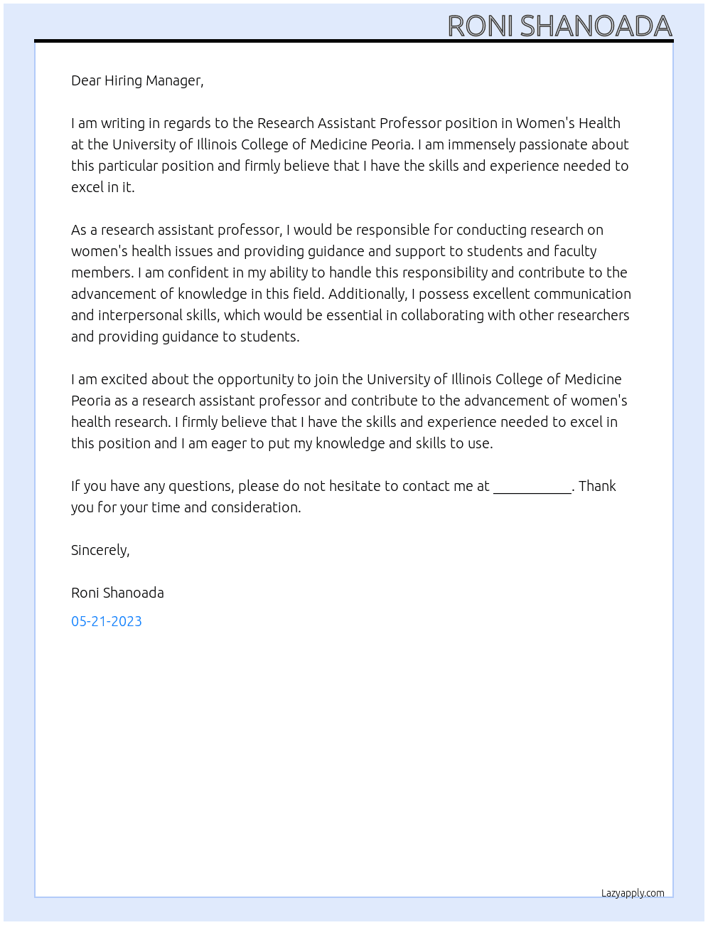 Research Assistant Professor - Women's Health At University of Illinois College of Medicine Peoria Cover Letter