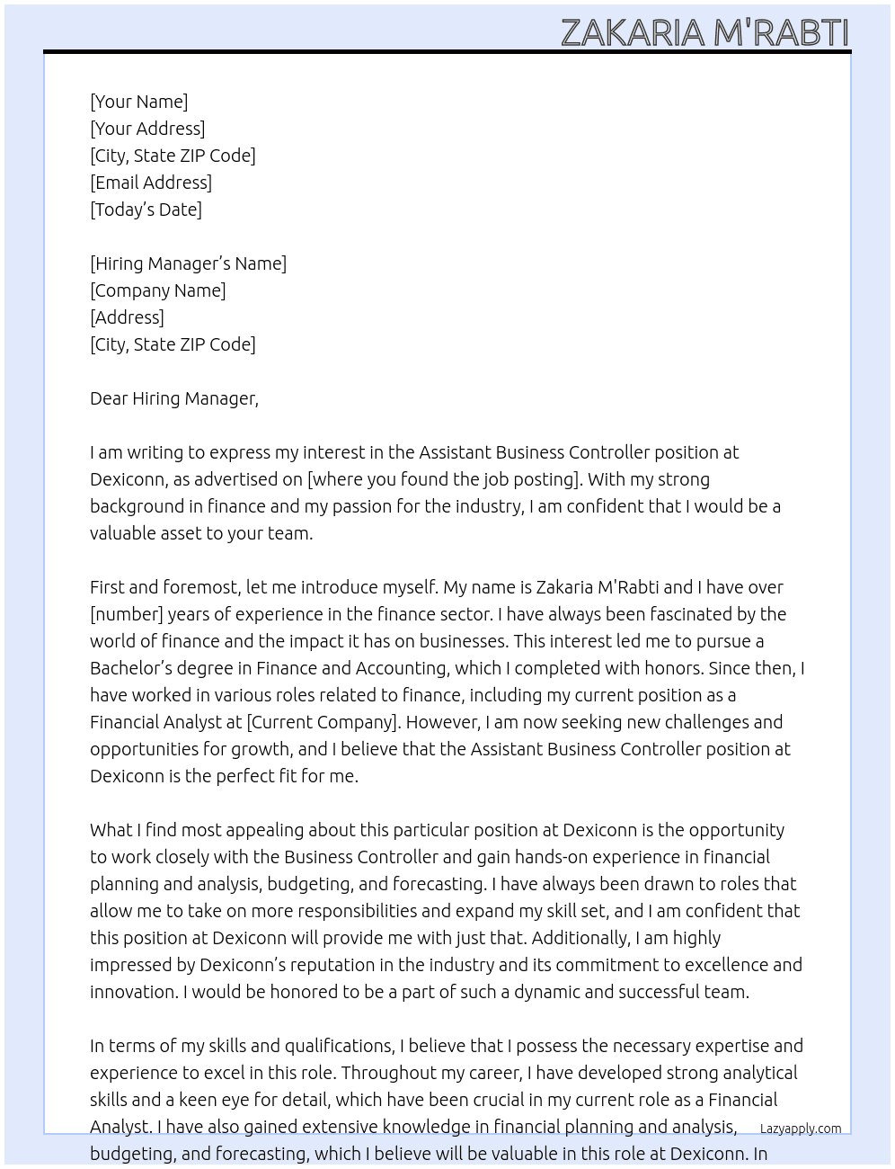 Assistant Business Controller At Dexiconn Cover Letter