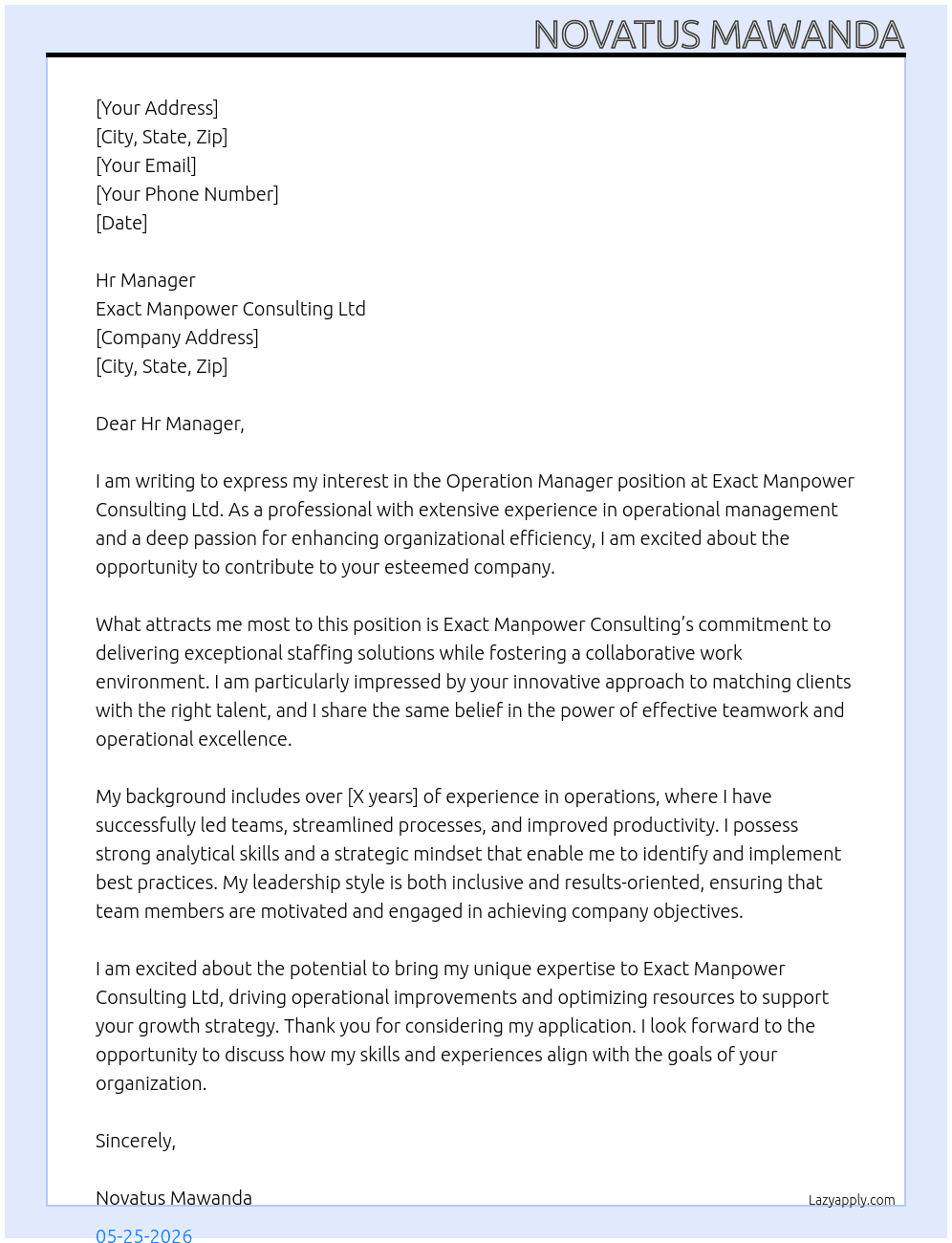 Cover letter for operation manager - LazyApply
