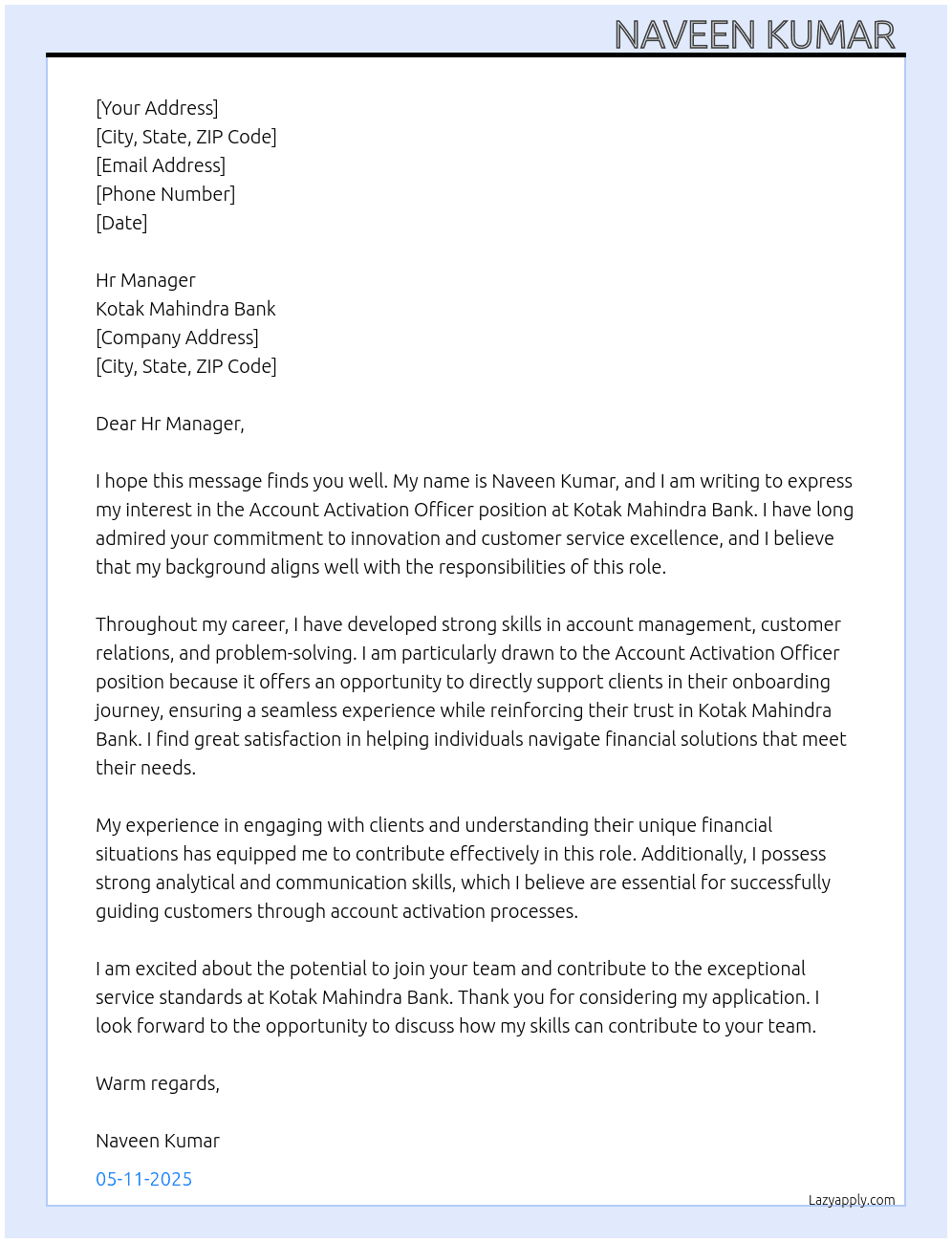 Cover letter for account activation officer - LazyApply