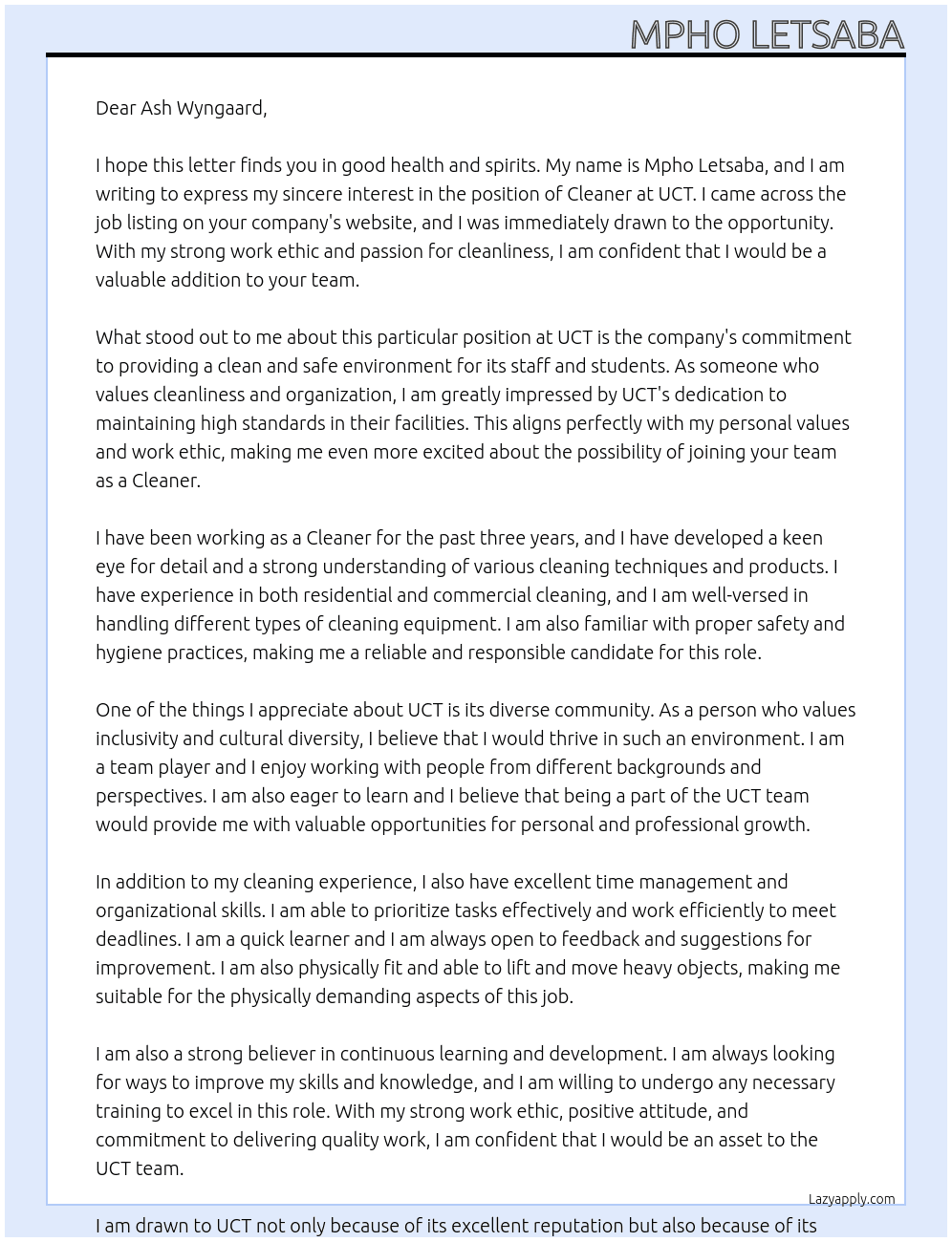 cleaner At UCT Cover Letter