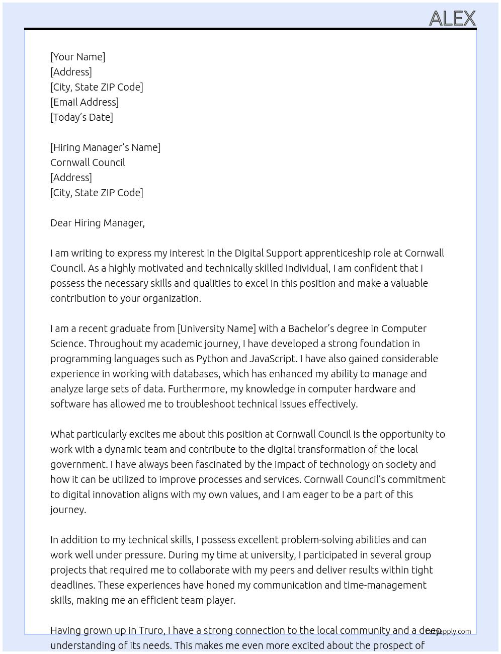 Digital Support At Cornwall Council  Cover Letter