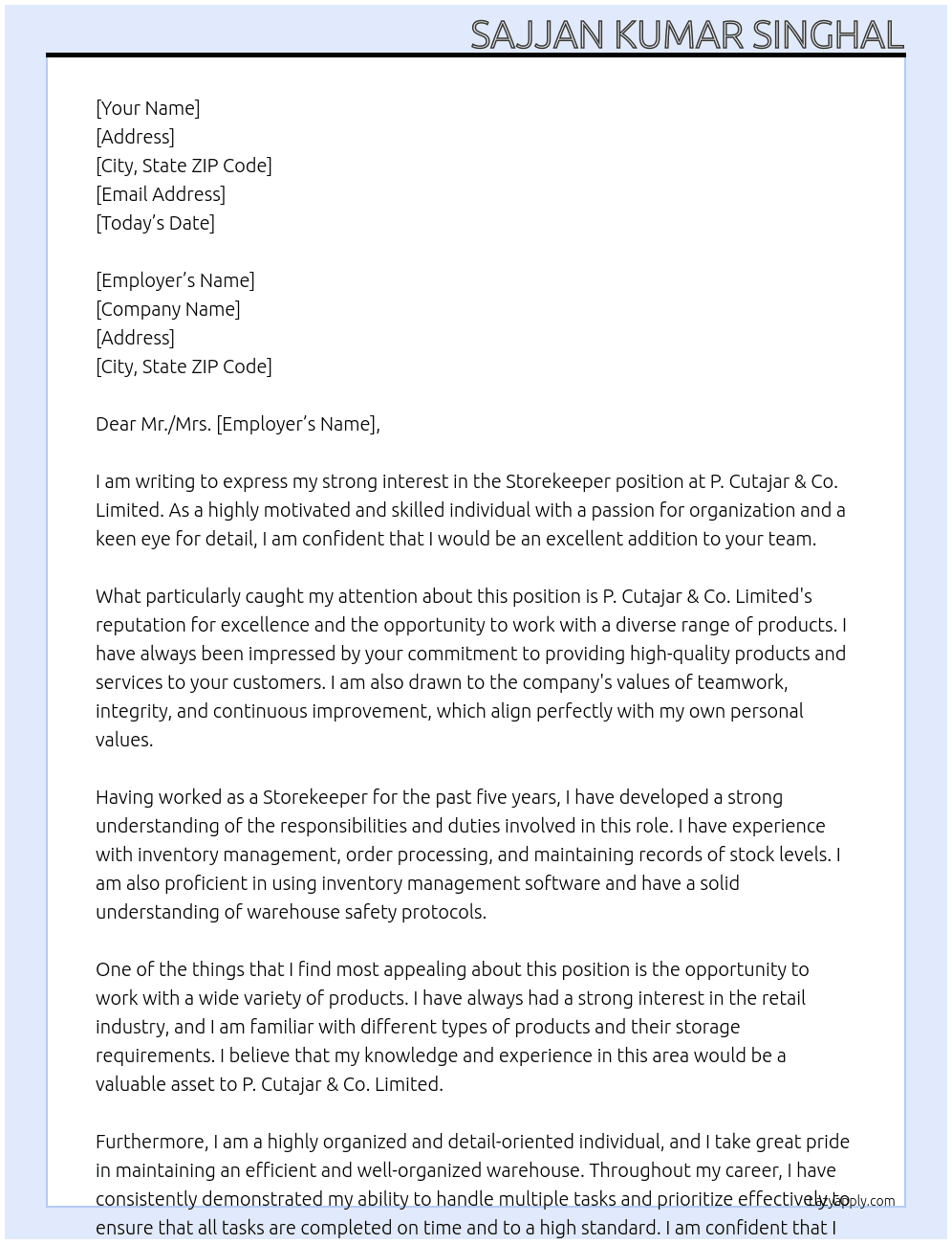 Storekeeper At P. Cutajar & Co. Limited Cover Letter