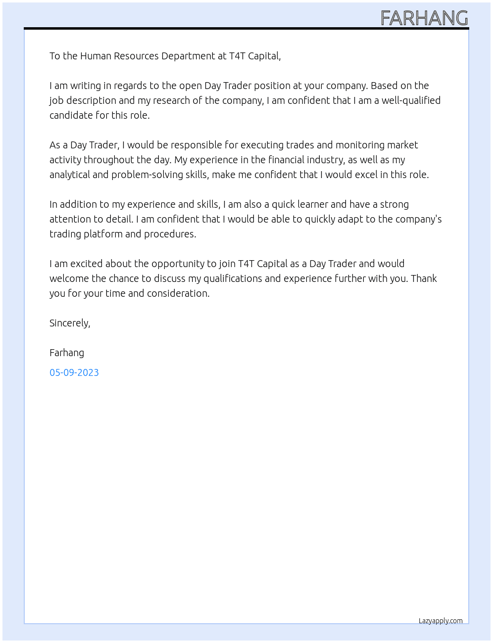 DAY TRADER At T4T capital Cover Letter