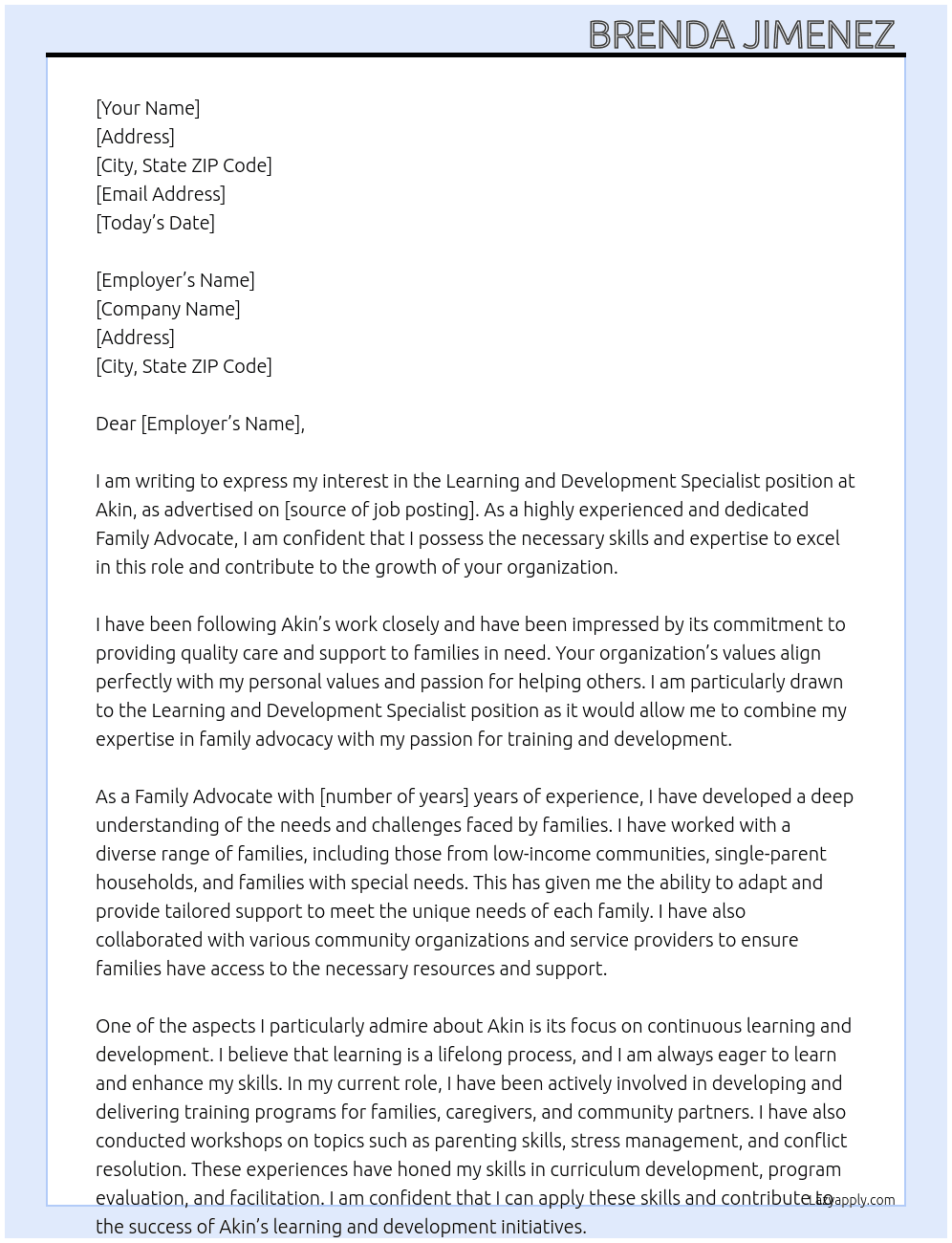 Learning and Development Specialist At Akin Cover Letter