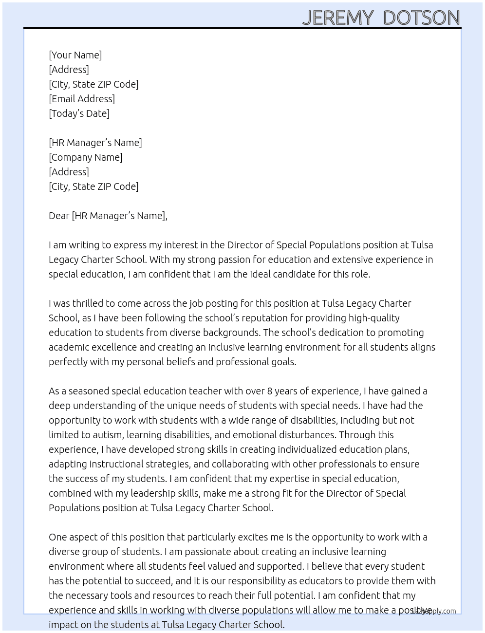 Director of Special Populations  At Tulsa Legacy Charter School  Cover Letter