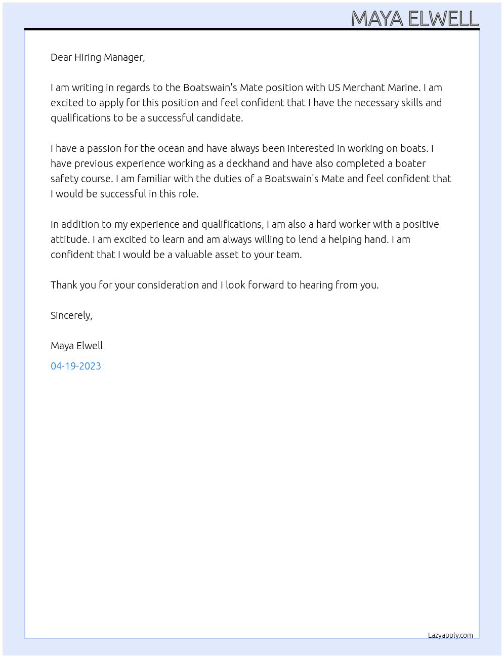 Boatswain's Mate At US Merchant Marine Cover Letter