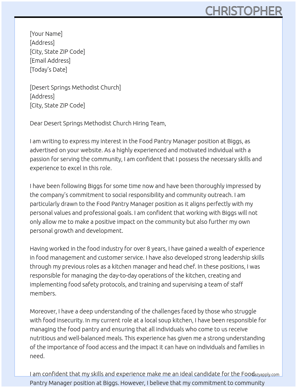 Food Pantry Manager At Biggs Cover Letter