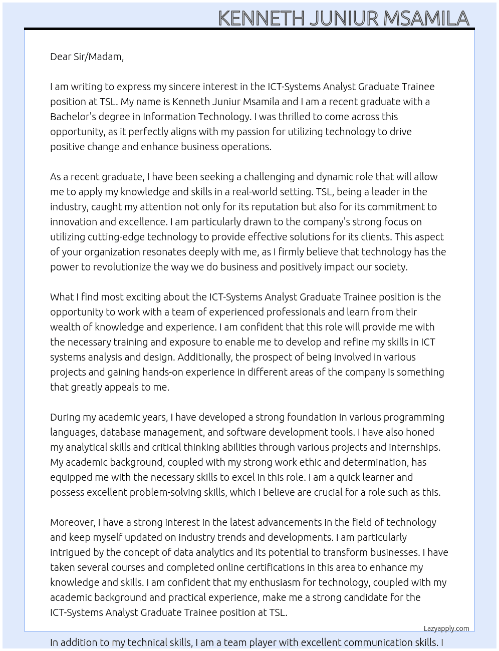 ICT-Systems Analyst Graduate Trainee At TSL Cover Letter
