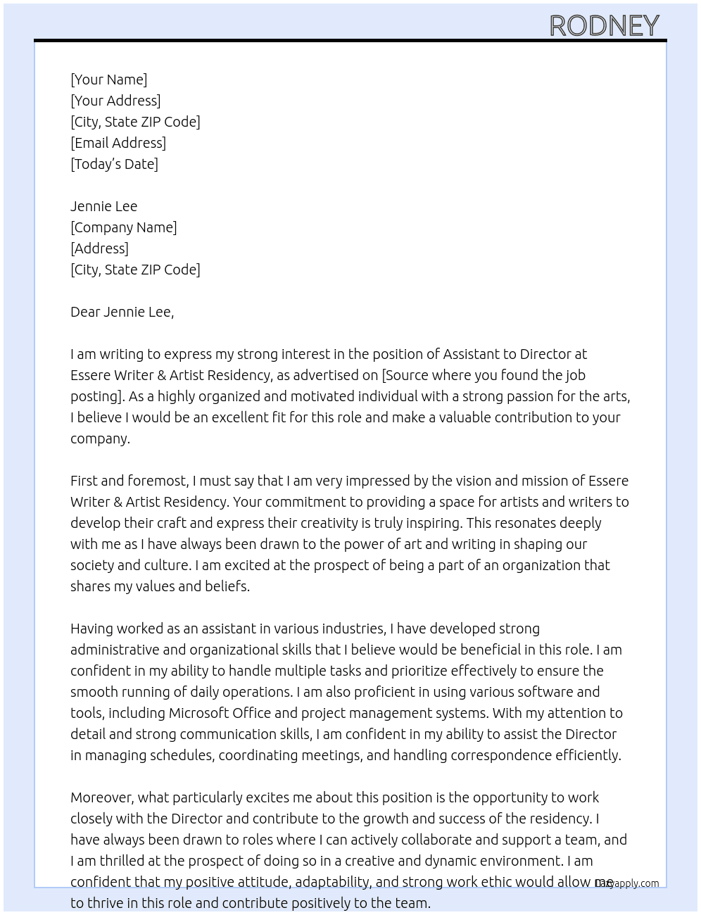 Assistant to Director  At Essere Writer & Artist Residency Cover Letter