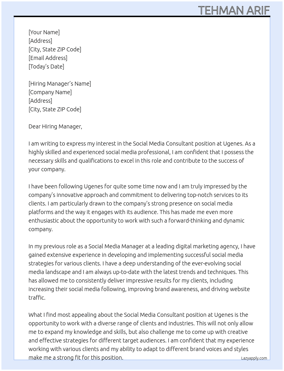 Social Media Consultant At Ugenes Cover Letter