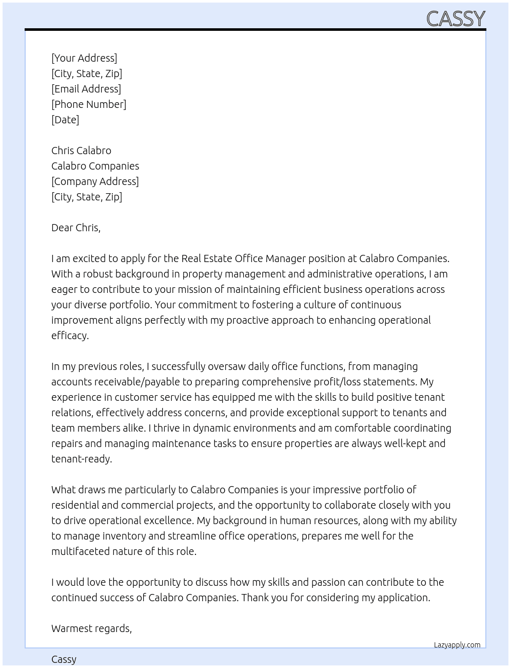 Real Estate Office Manager At Calabro Companies Cover Letter