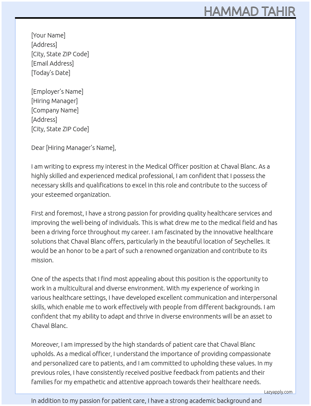 medical officer At chaval blanc Cover Letter
