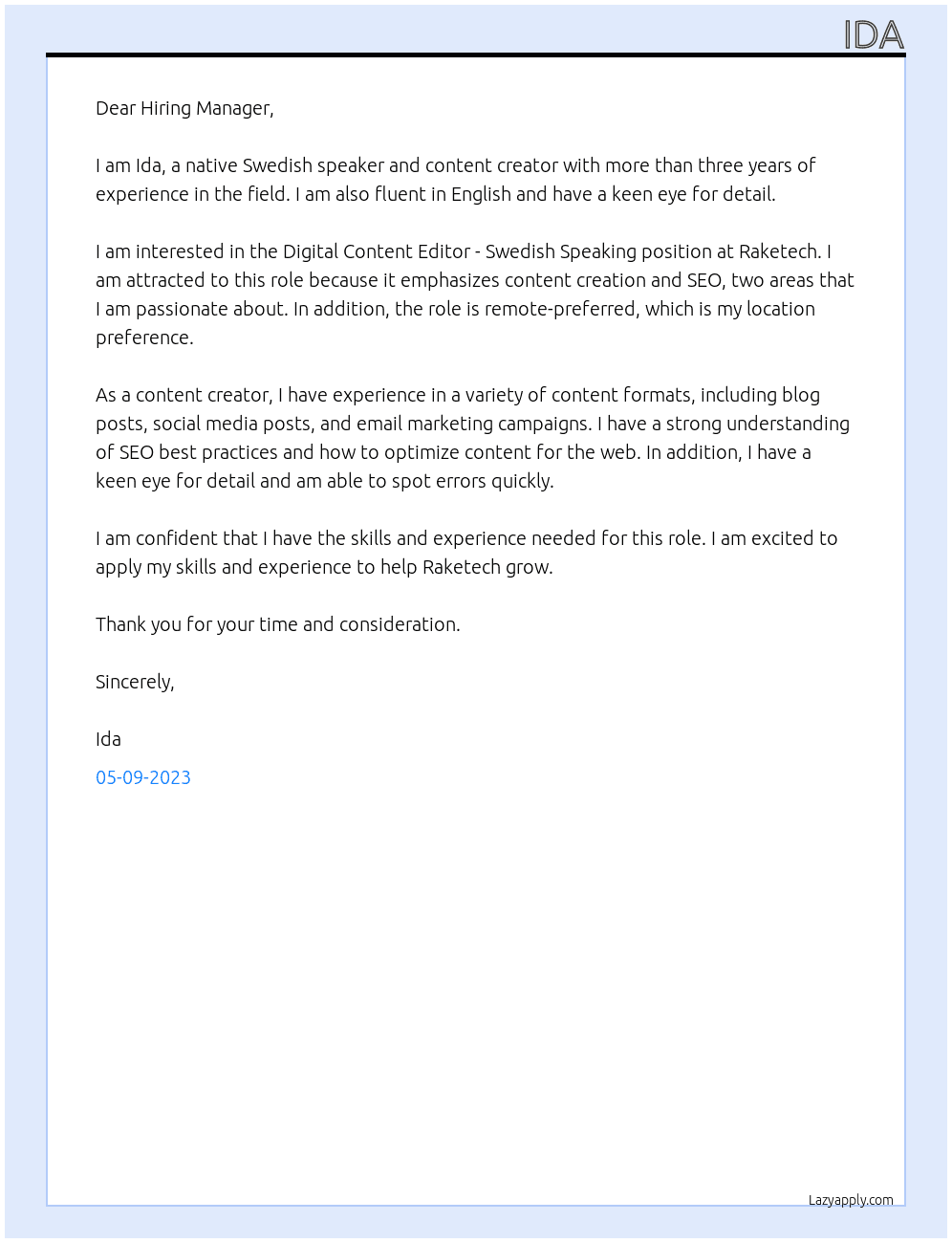 Digital Content Editor - Swedish Speaking At Raketech Cover Letter