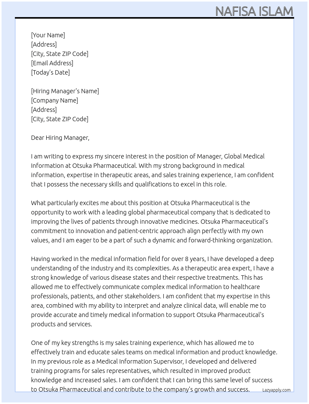 Manager, Global Medical Information At Otsuka Pharmaceutical Cover Letter