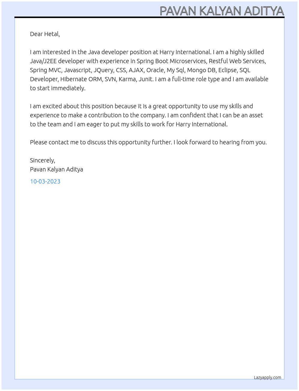 Java developer At Harry International Cover Letter