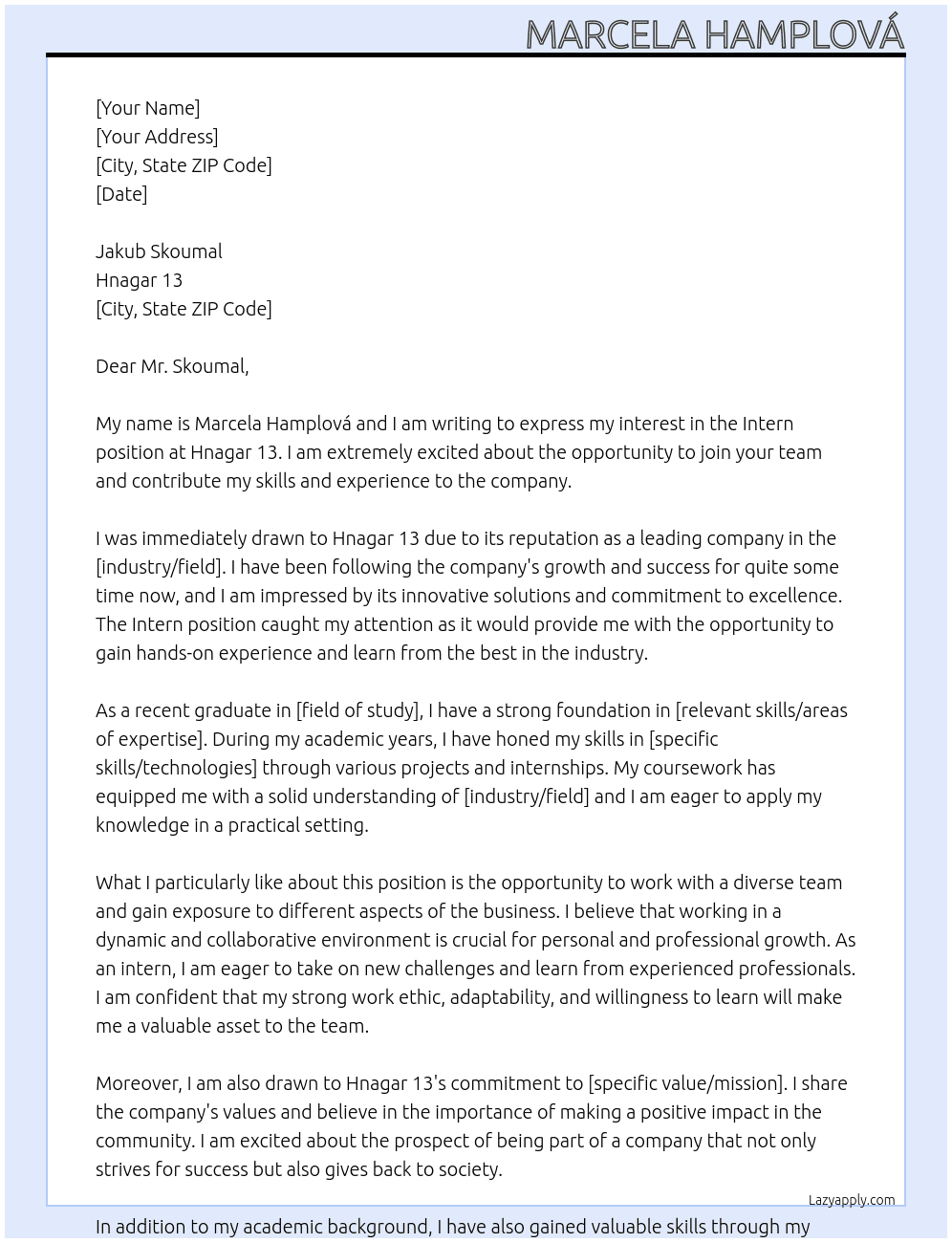 Intern At Hnagar 13 Cover Letter