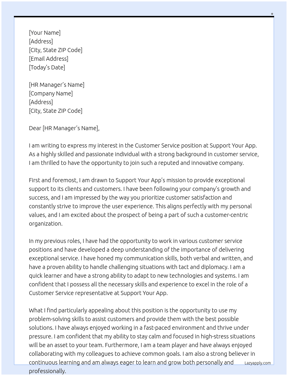 Customer service  At Support your app Cover Letter