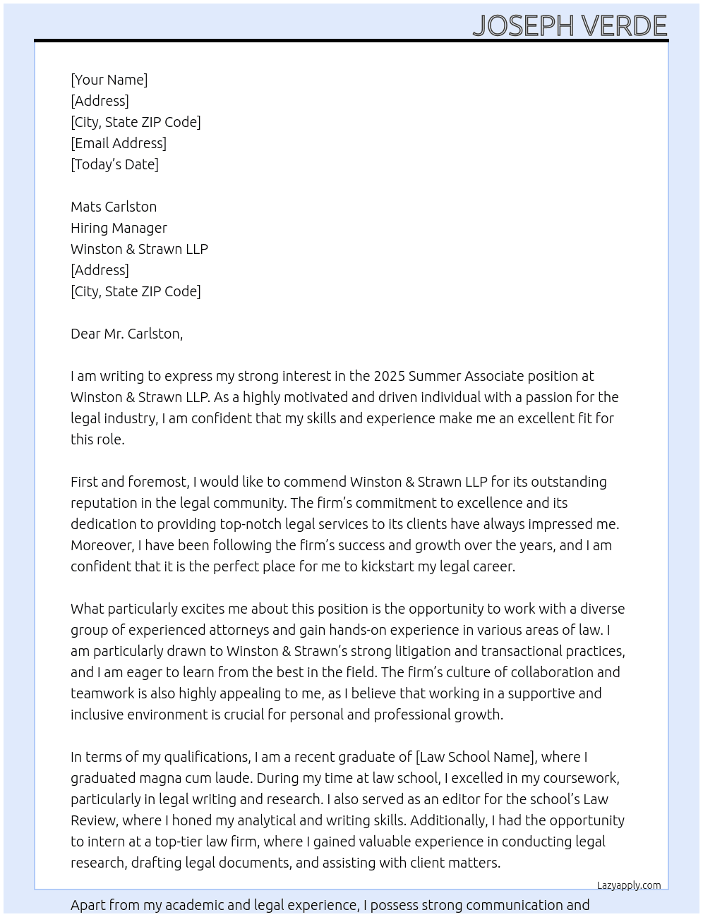 2025 Summer Associate At Winston & Strawn LLP Cover Letter