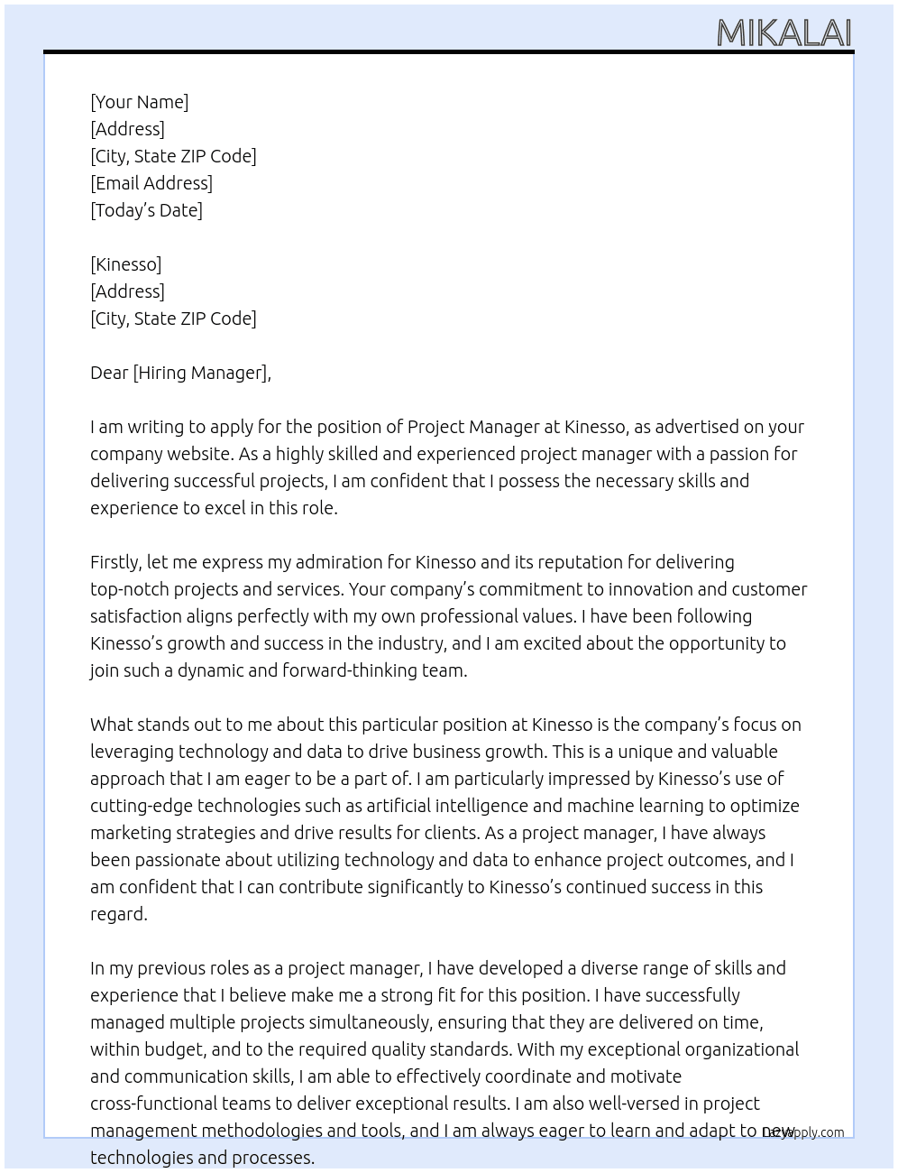Project Manager At Kinesso Cover Letter