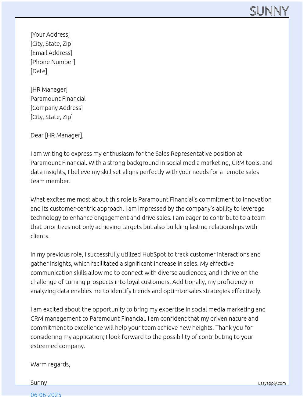 Sales representative  At Paramount financial Cover Letter
