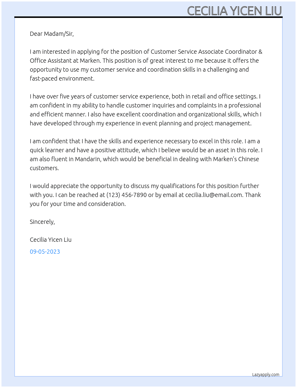 Customer Service Associateoordinator & Office Assistant At Marken Cover Letter