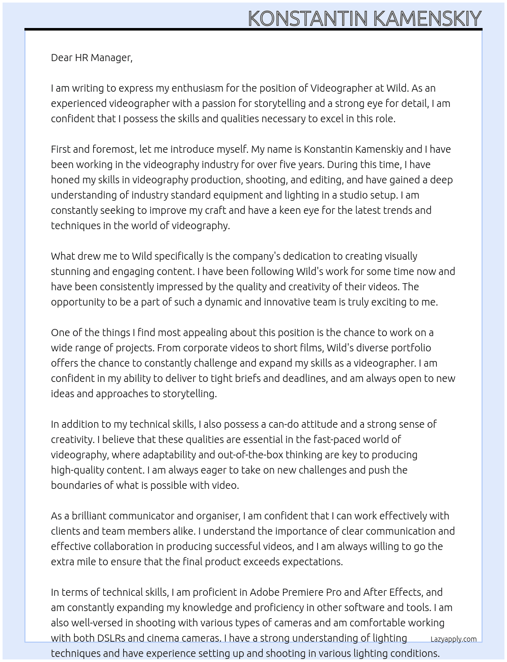 Videographer At Wild Cover Letter