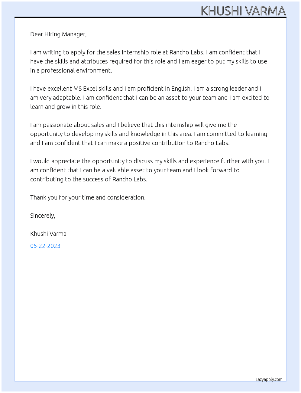 Sales At Rancho Labs Cover Letter