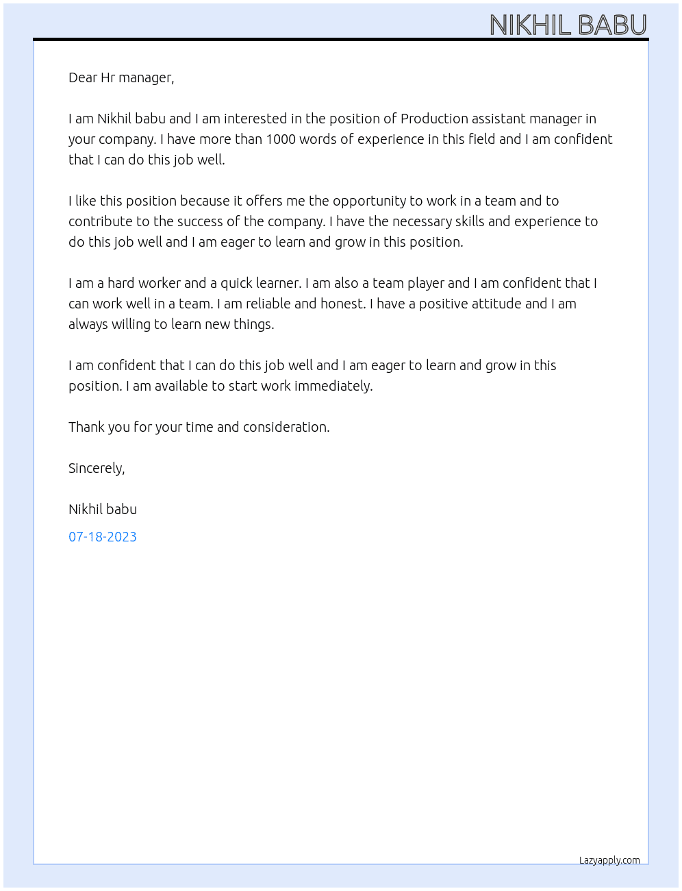 Production assistant manager  At AAA POTEZ Cover Letter