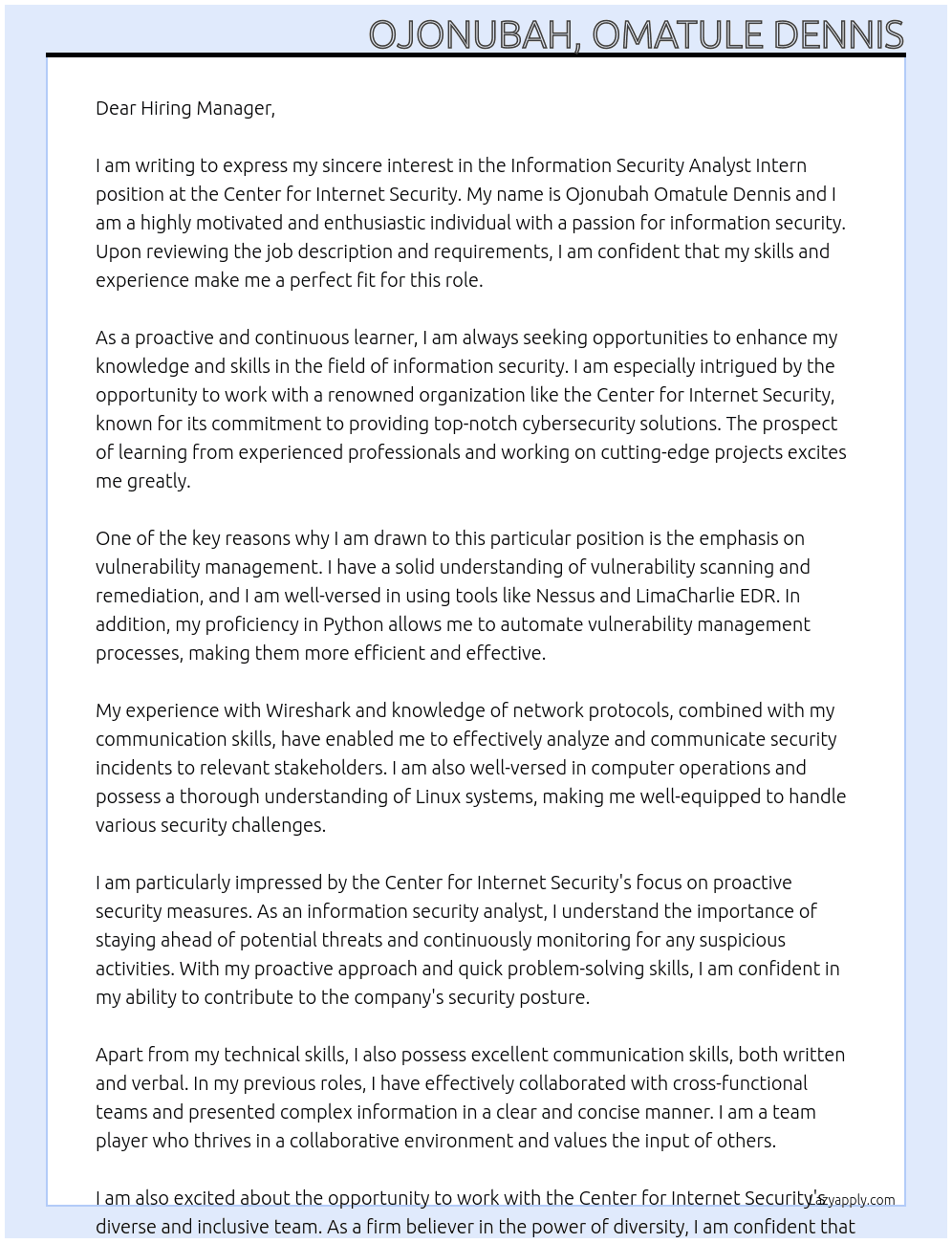 Information Security Analyst Intern At  Center for Internet Security Cover Letter