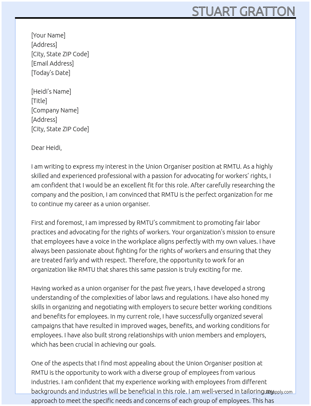 Union Organiser At RMTU Cover Letter