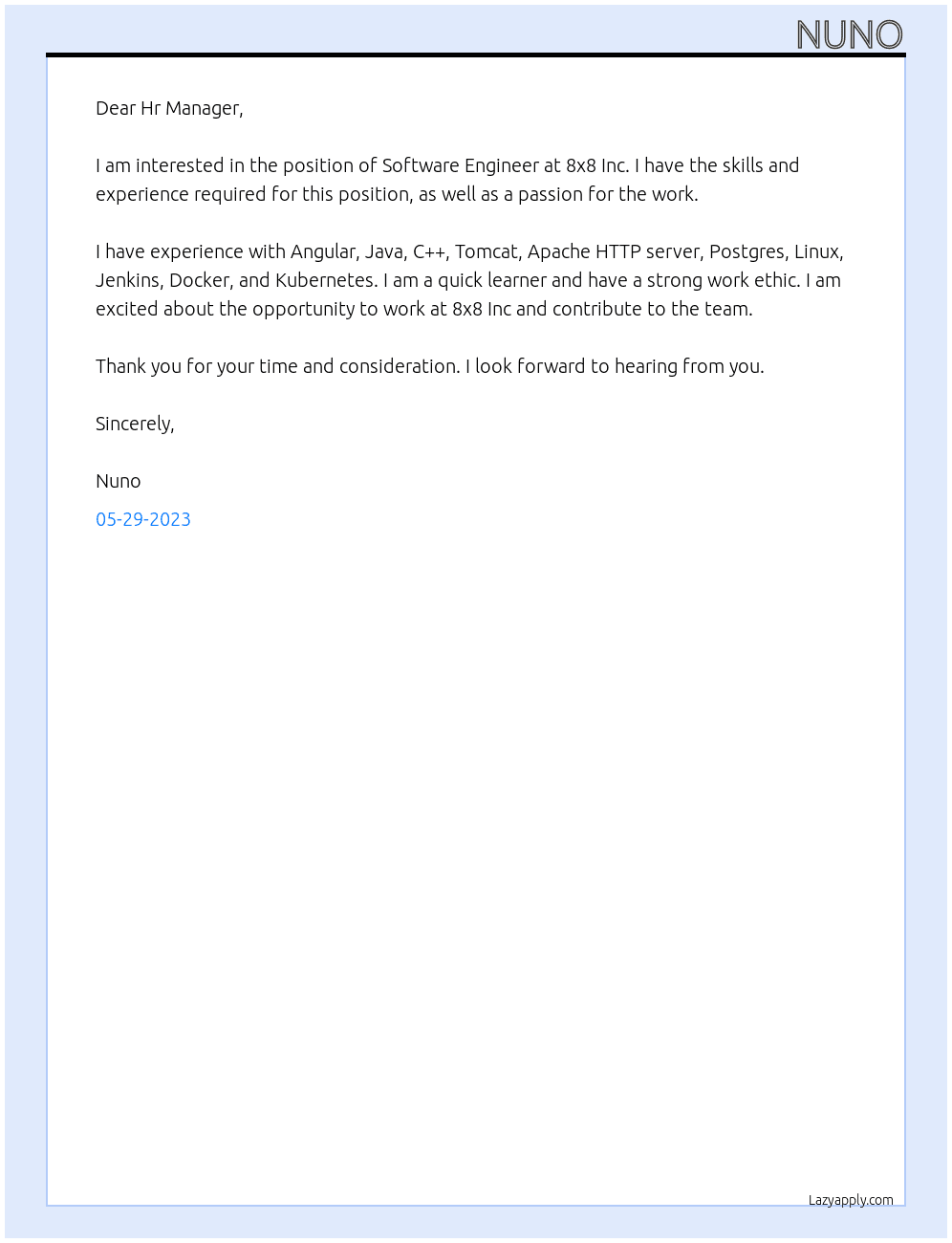 Software Engineer At 8x8 Inc. Cover Letter