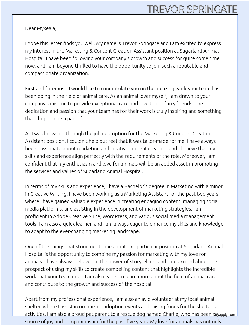 Marketing & Content Creation Asisstant At Sugarland Animal Hospital Cover Letter