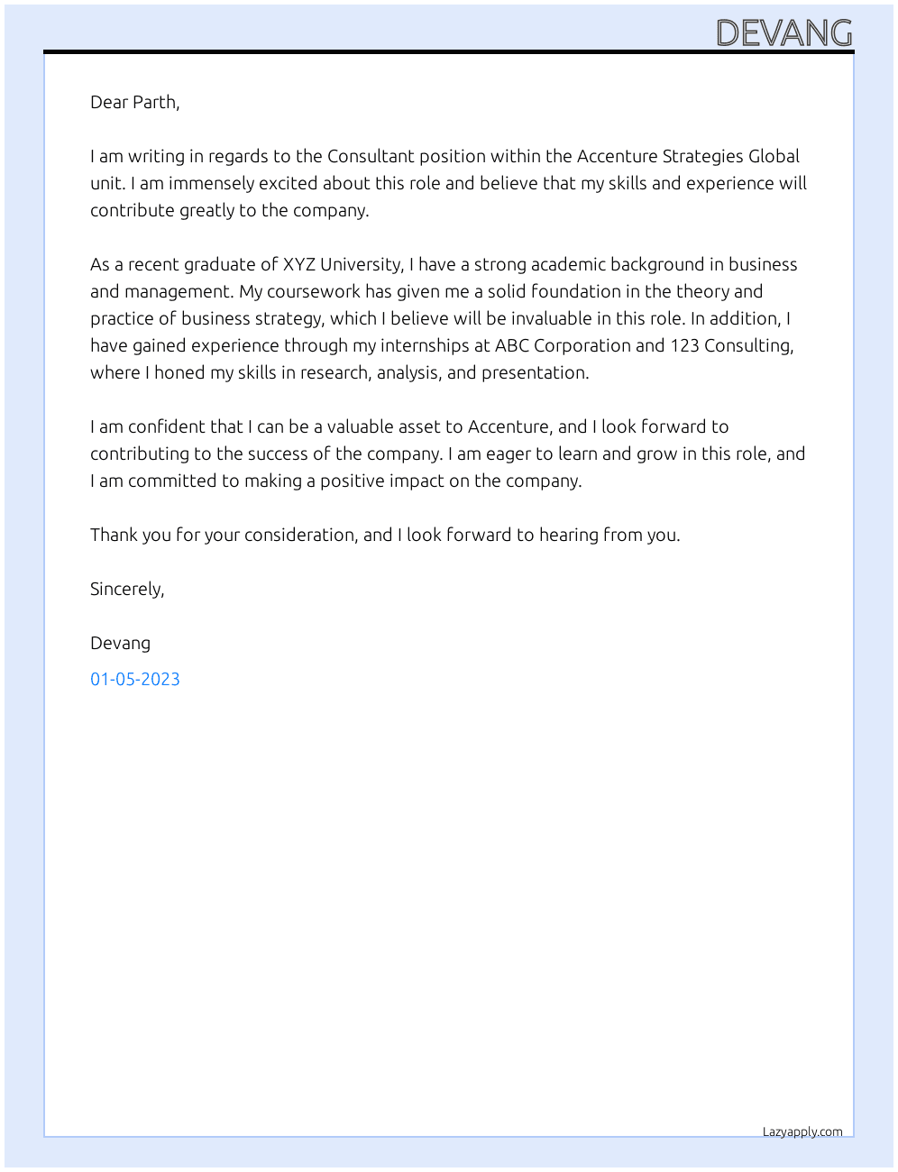 Consultant  At Accenture Strategies Global unit  Cover Letter