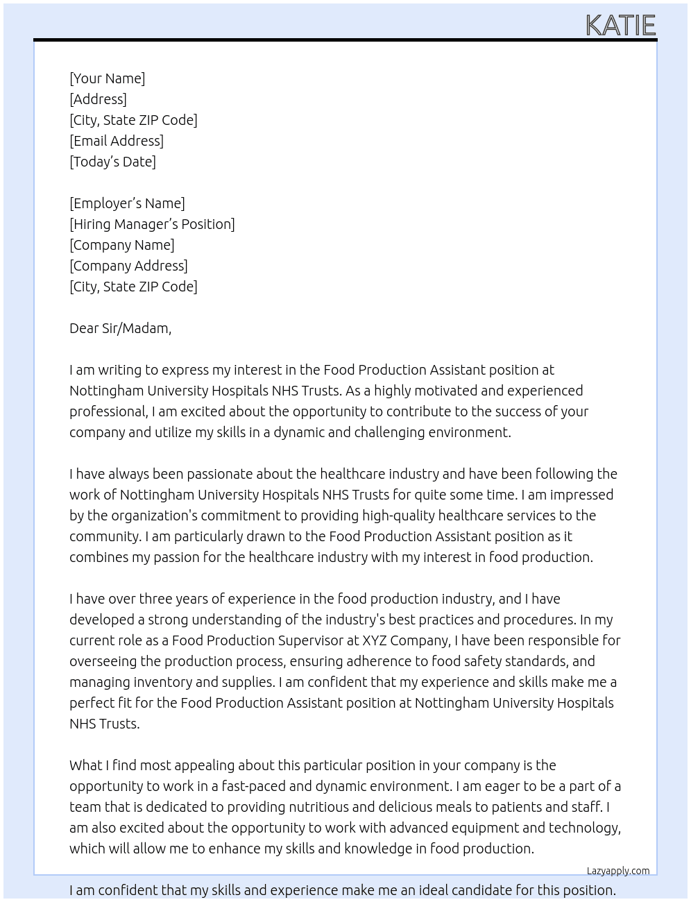 Food Production Assistant At Nottingham University Hospitals NHS Trusts Cover Letter