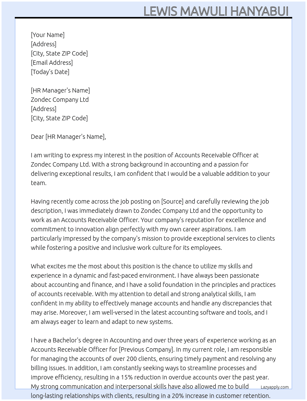 Accounts receivable officer At Zondec  Company Ltd Cover Letter