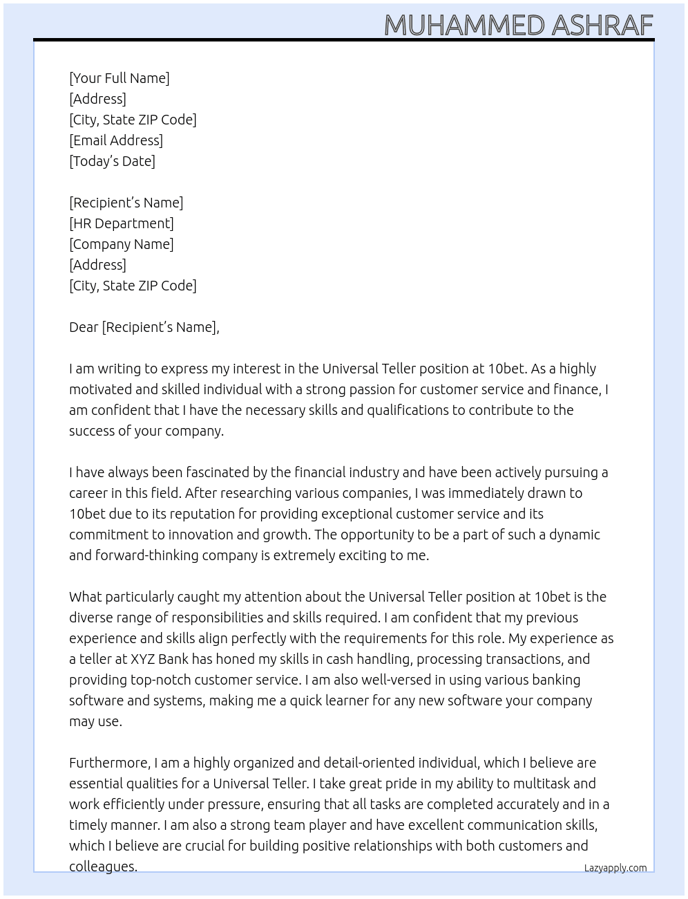 Universal teller At 10bet Cover Letter