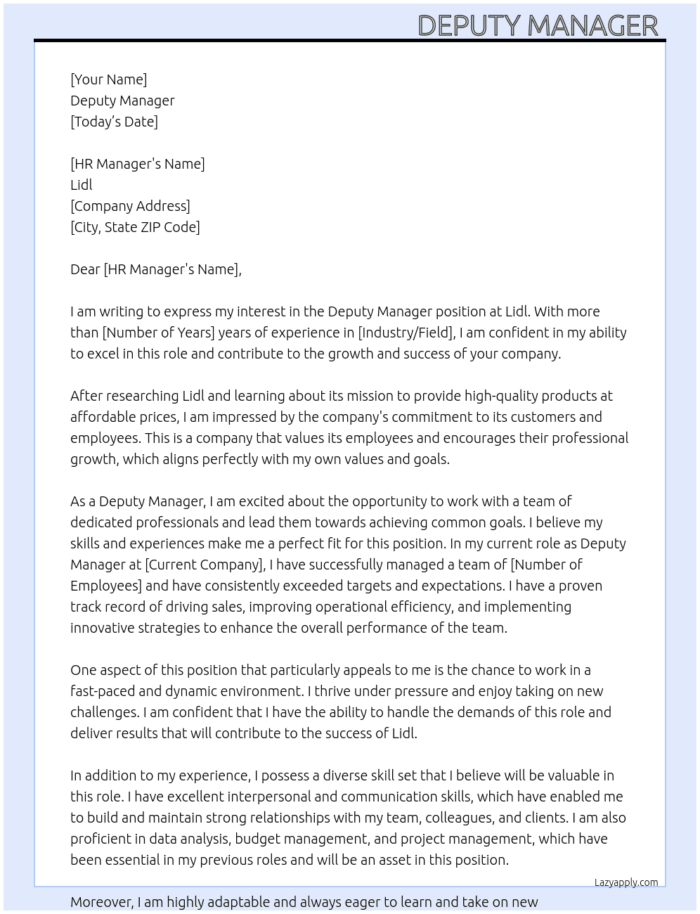 Deputy manager  At Lidl Cover Letter