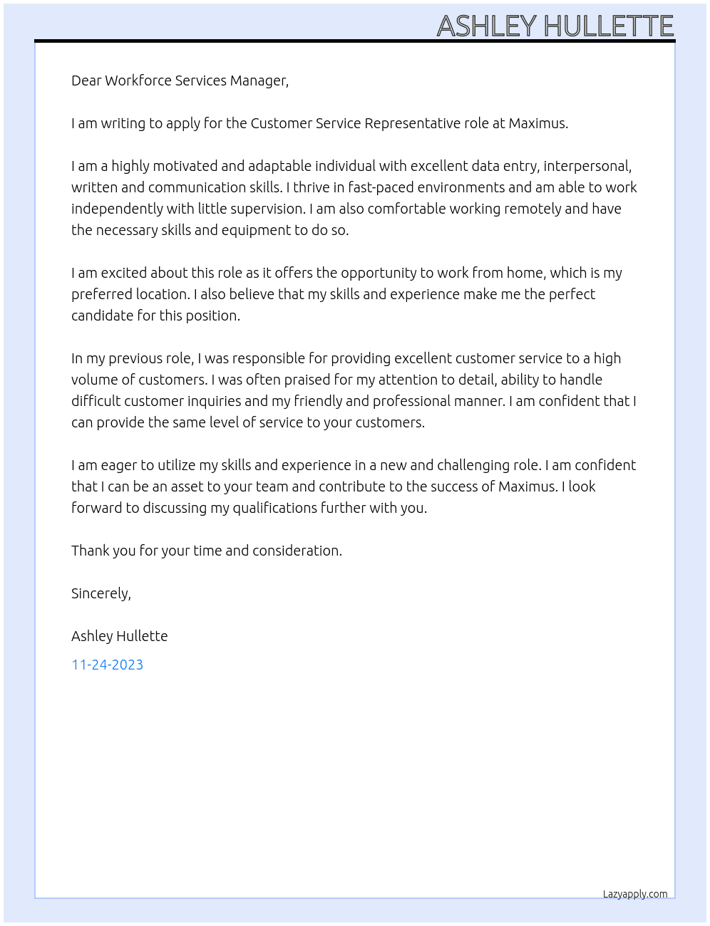 Customer Service Representative At  Maximus   Cover Letter