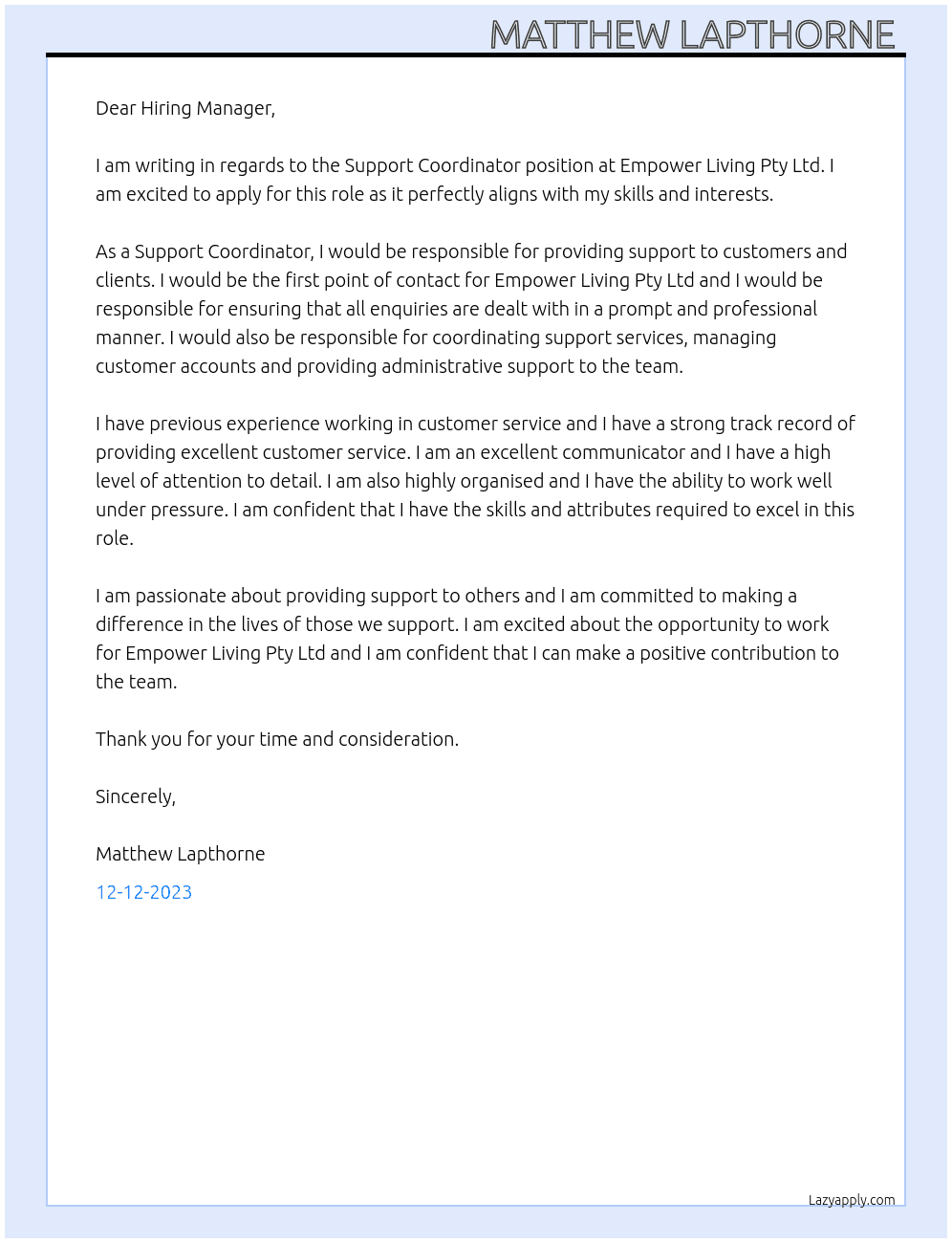 Support Coordinator  At Empower Living Pty Ltd Cover Letter