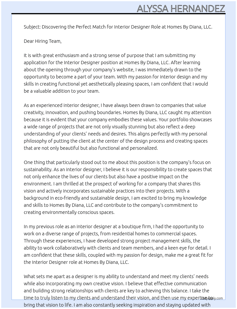 Interior Designer At Homes By Diana, LLC. Cover Letter