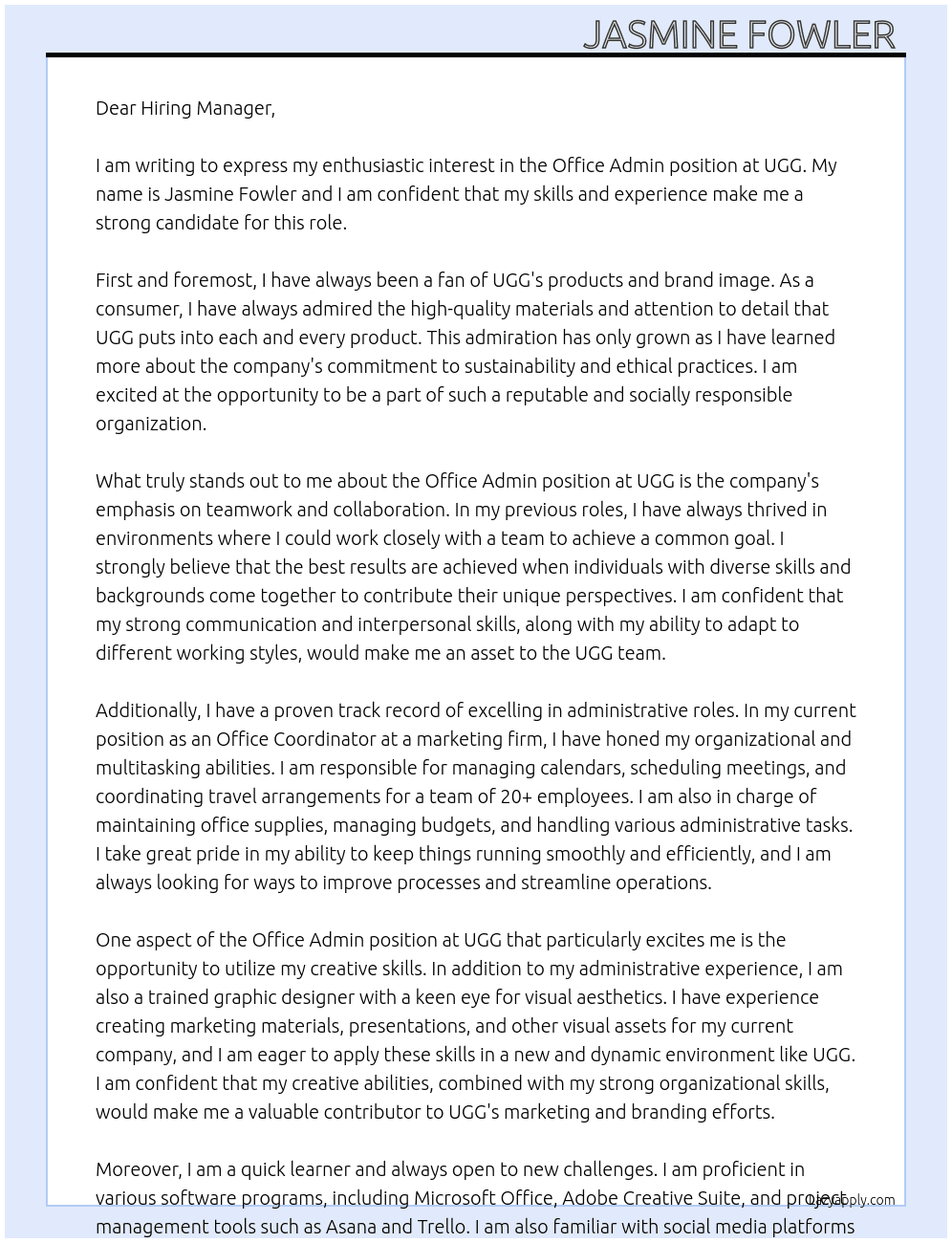 office admin At UGG Cover Letter