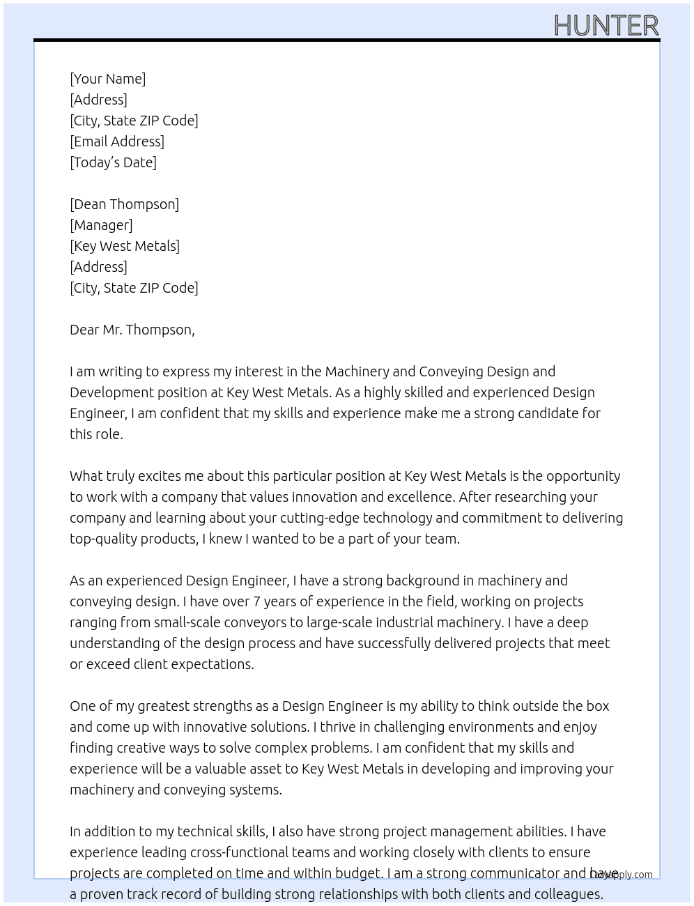 Machinery and Conveying Design and Development At Key west Metals Cover Letter