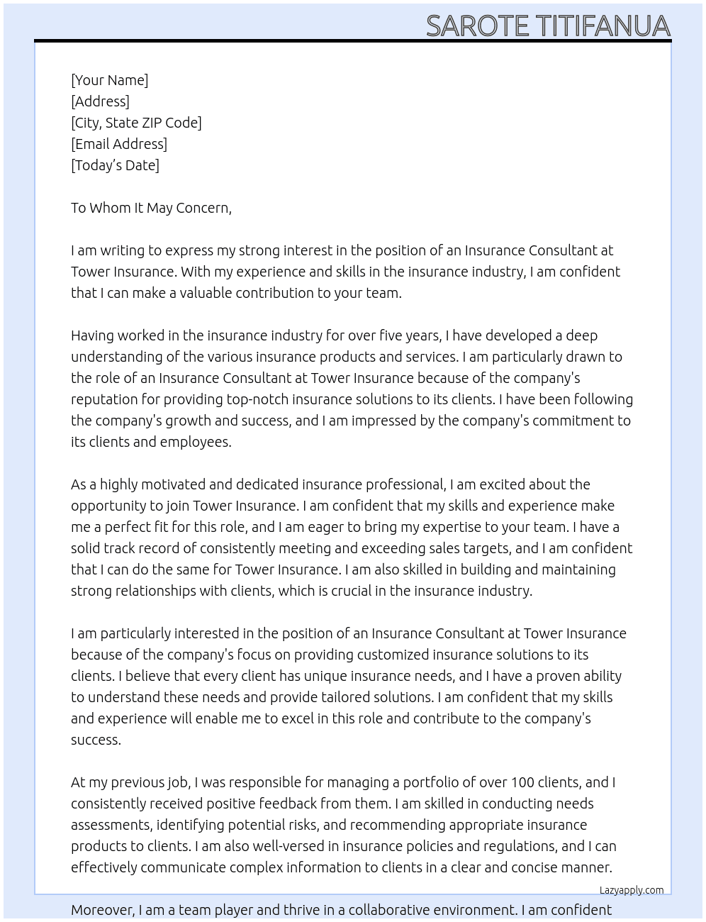 Insurance Consultant At Tower Insurance Cover Letter